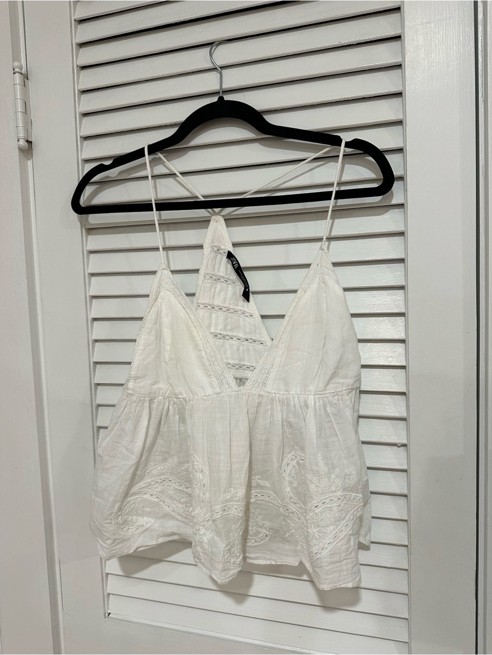 Zara White Lace-Detail Spaghetti Strap Tank Top